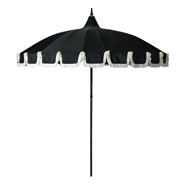black patio umbrella with white trim Garden Umbrella with Fringe
