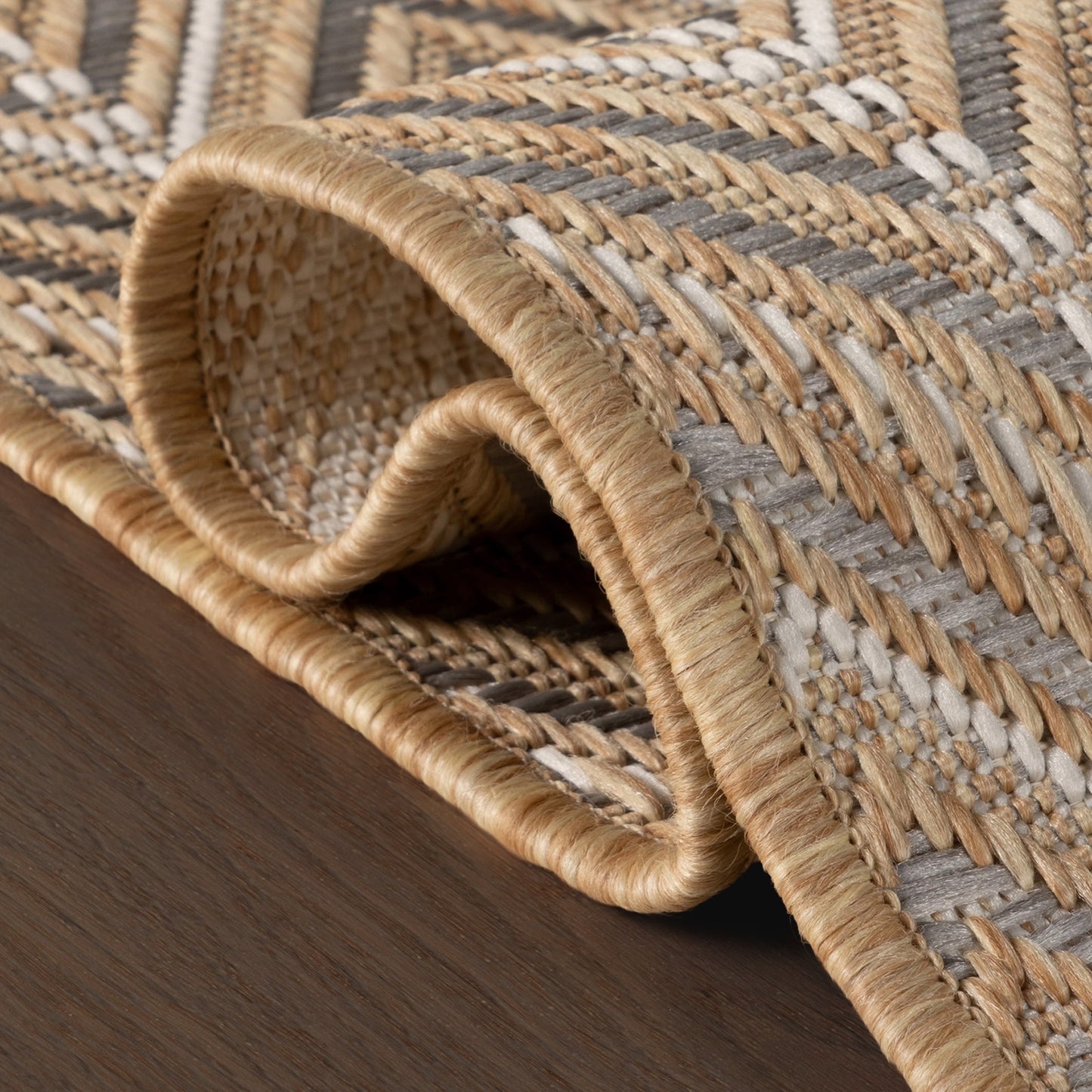 Katie Chevron Outdoor Rug polypropylene gray and natural pattern edge details