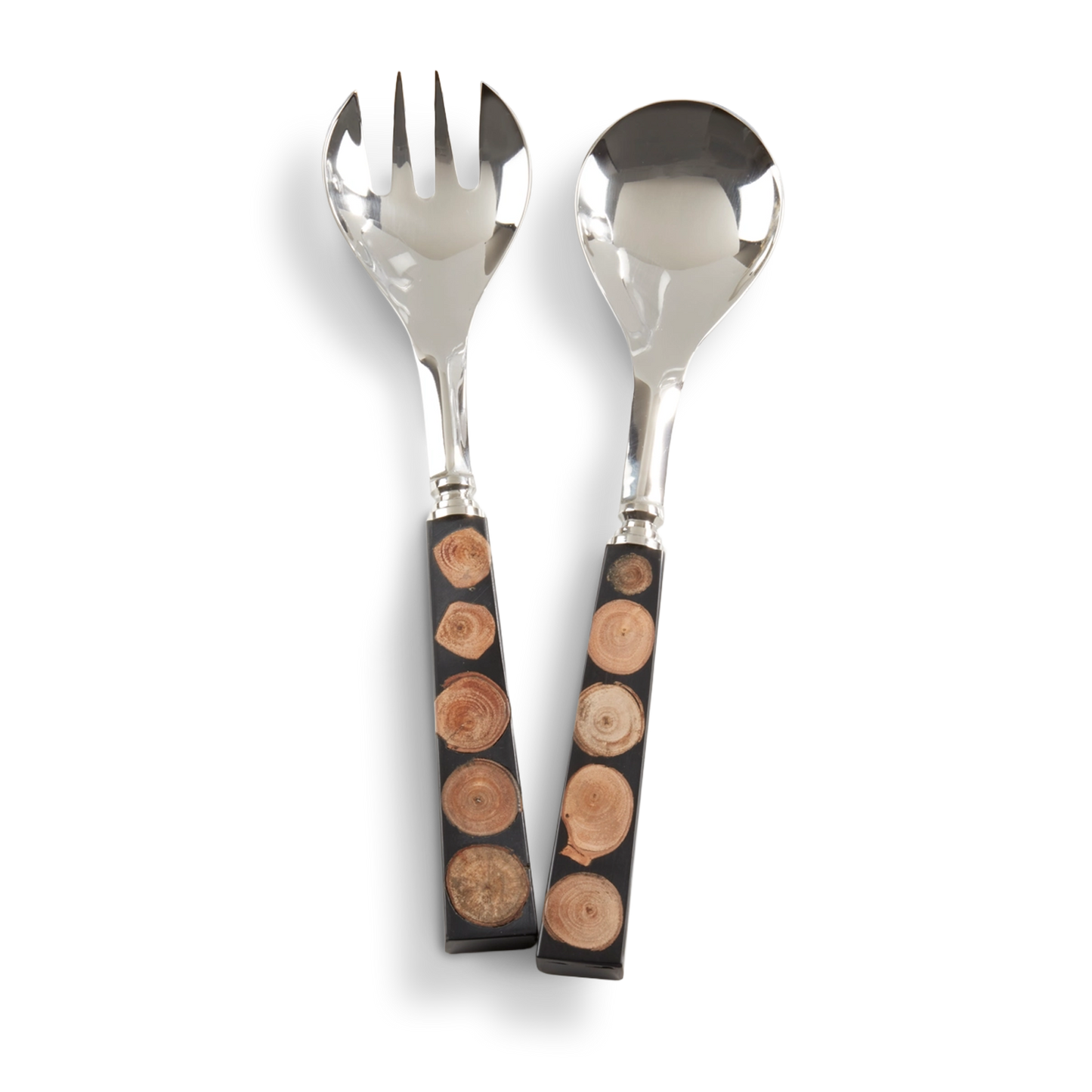 Radial Grain Salad Serving Set of 2 wood grain stainless steel and resin arranged