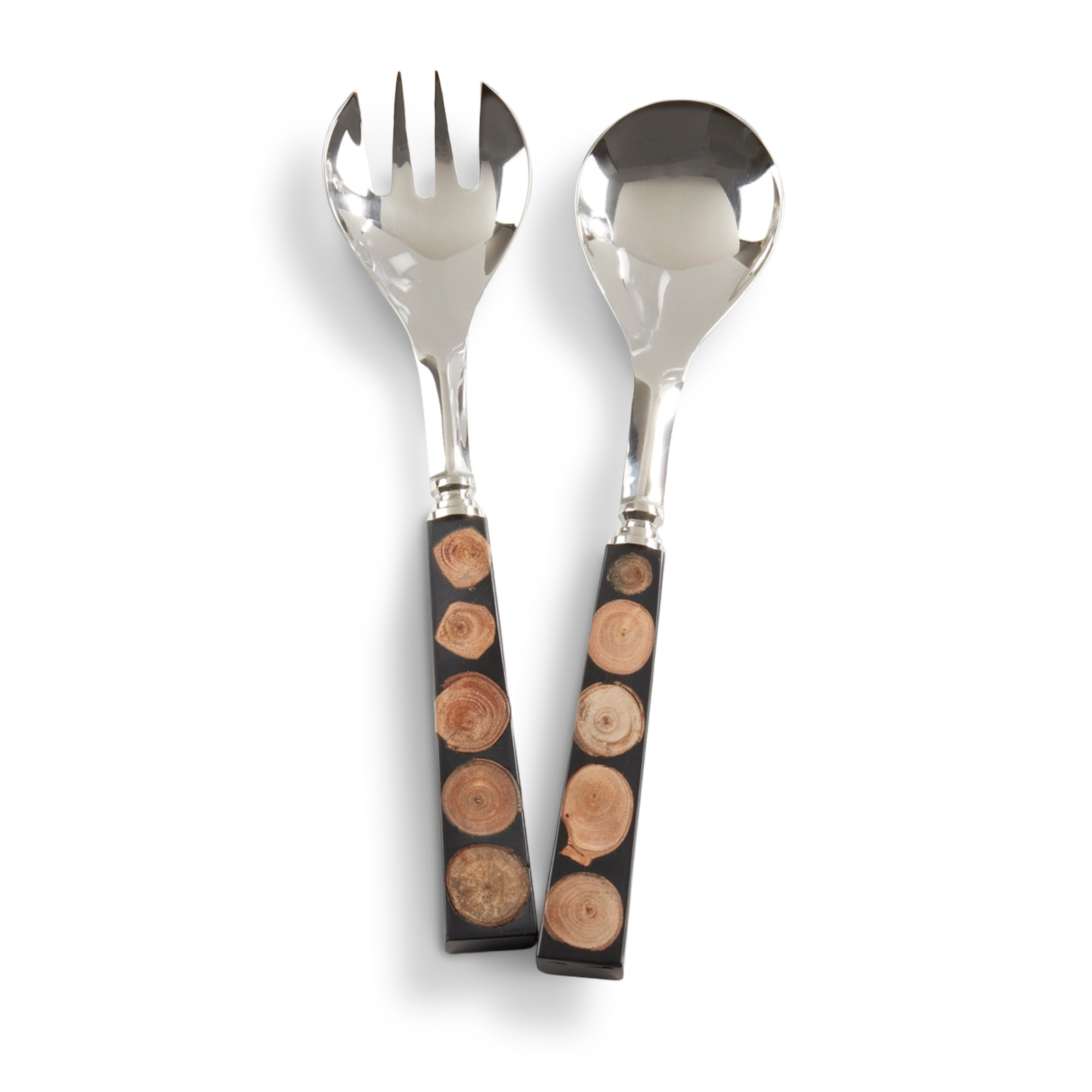 Radial Grain Salad Serving Set of 2 wood grain stainless steel and resin arranged