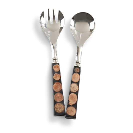 Radial Grain Salad Serving Set of 2 wood grain stainless steel and resin arranged