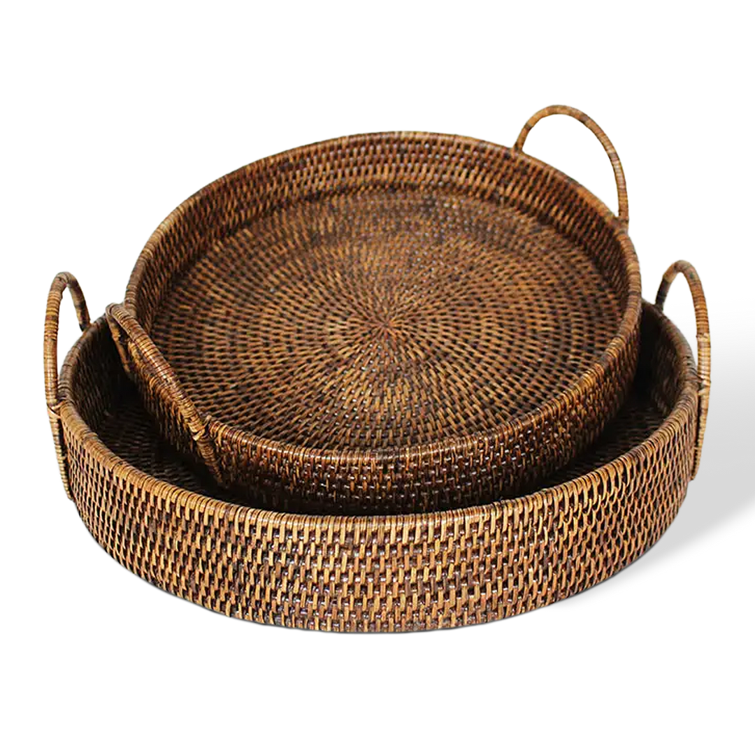 Rattan Round Serving Tray Set of 2 natural cane 