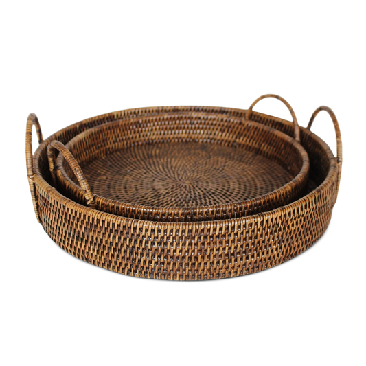 Rattan Round Serving Tray Set of 2 natural cane