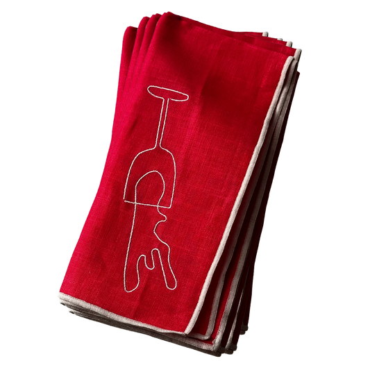 Stitch Border Napkin Set of 4 - Bordeaux red and white illustration of wine glass group