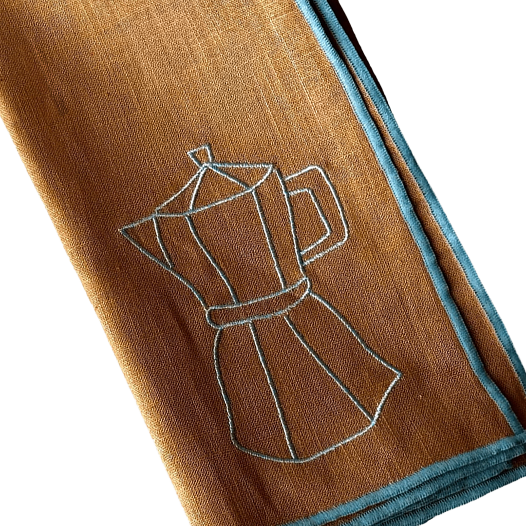 Stitch Border Napkin Set of 4 - Espresso brown and blue illustration closeup