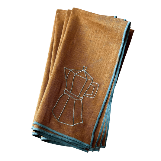 Stitch Border Napkin Set of 4 - Espresso brown and blue illustration group