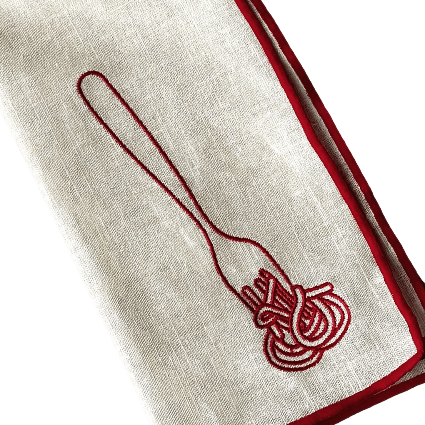 Stitch Border Napkin Set of 4 - Spaghetti fork twirling pasta illustration white with red closeup