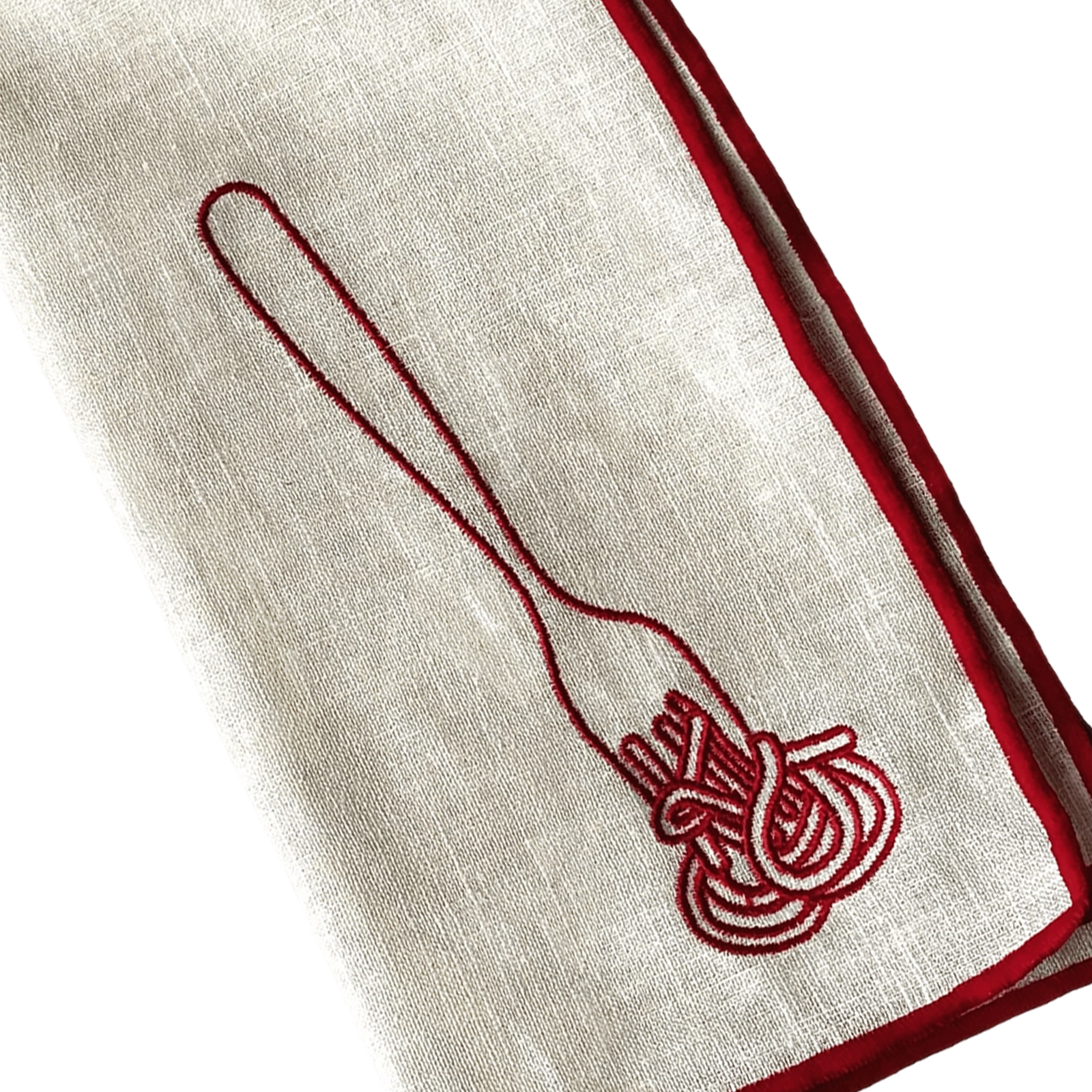 Stitch Border Napkin Set of 4 - Spaghetti fork twirling pasta illustration white with red closeup