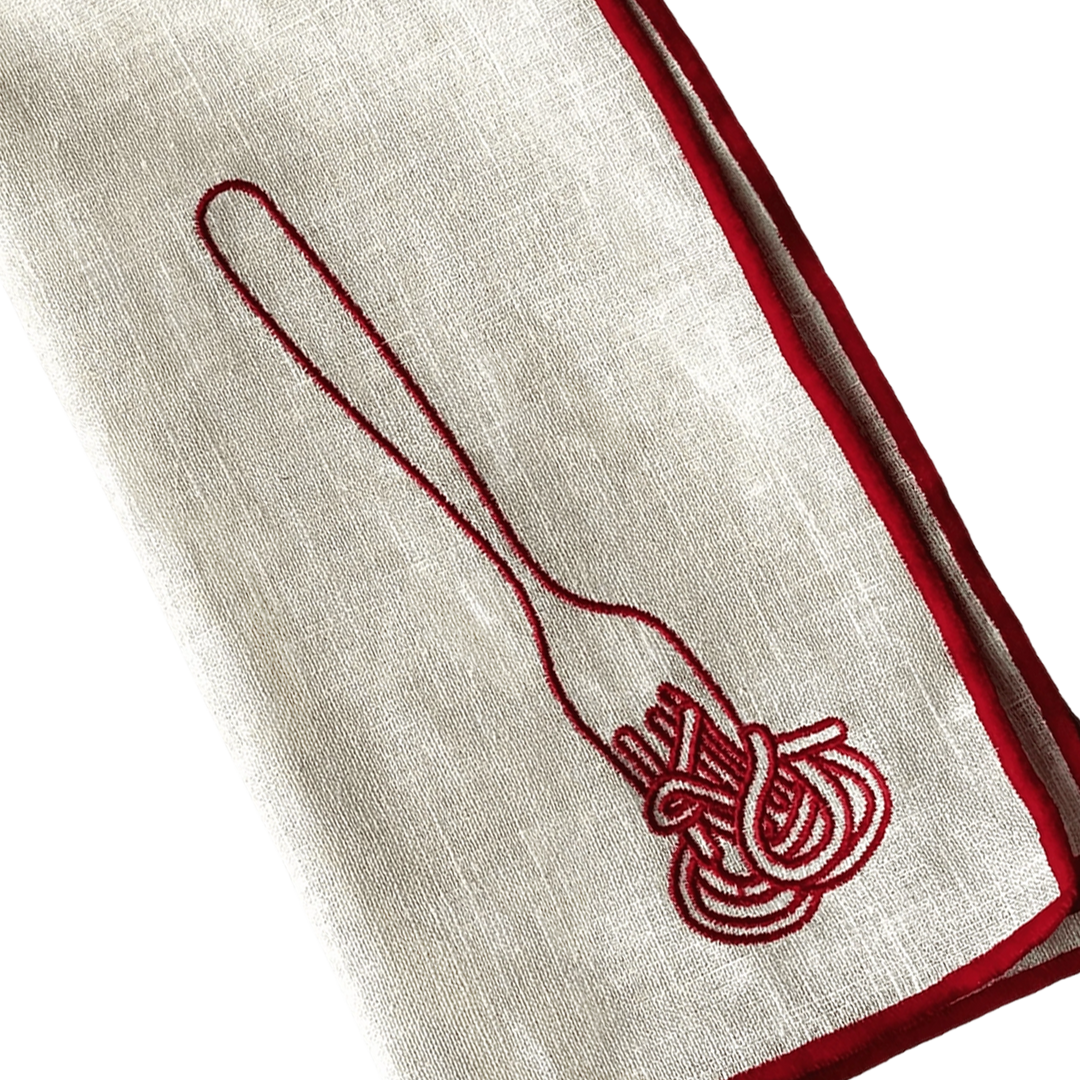 Stitch Border Napkin Set of 4 - Spaghetti fork twirling pasta illustration white with red closeup