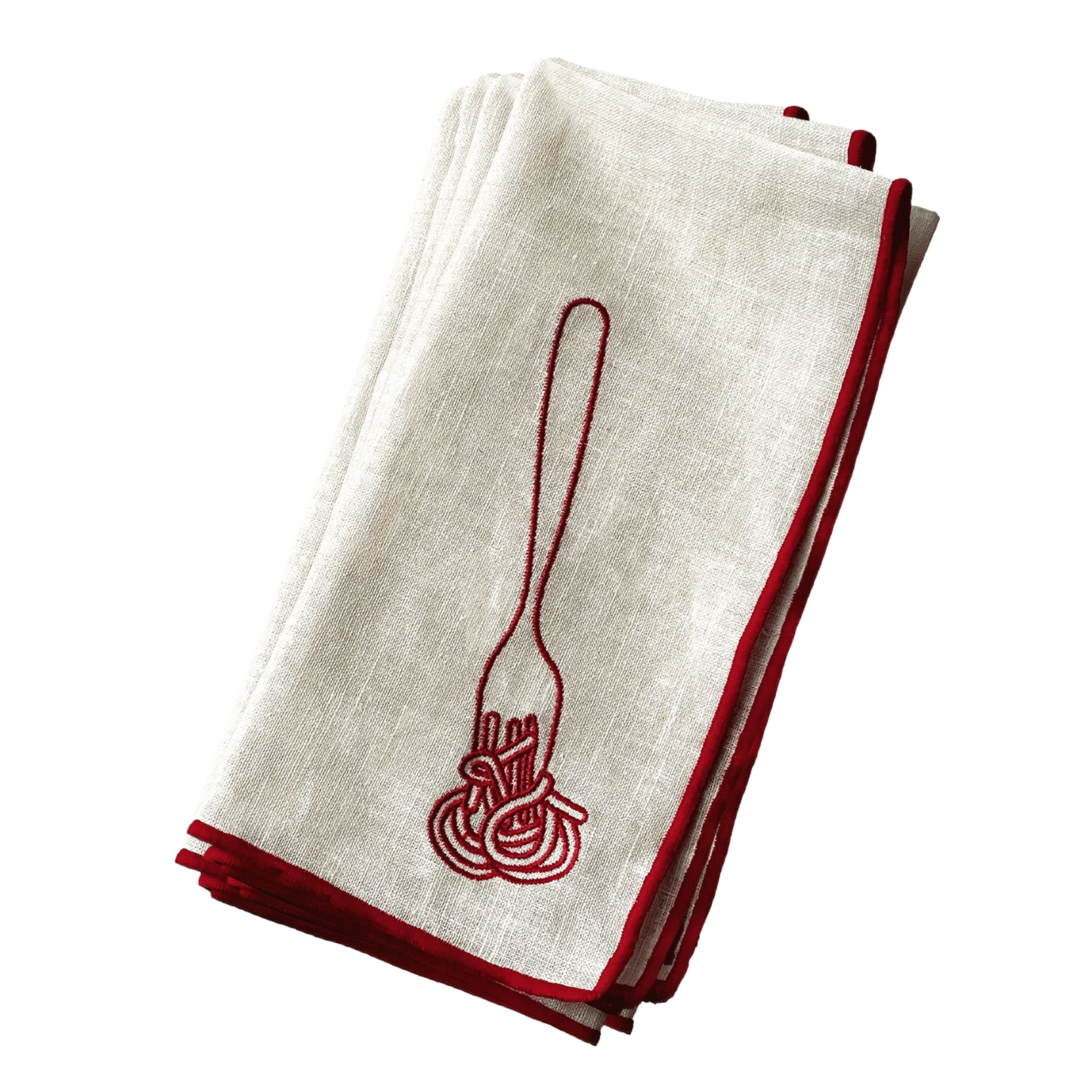 Stitch Border Napkin Set of 4 - Spaghetti fork twirling pasta illustration white with red group