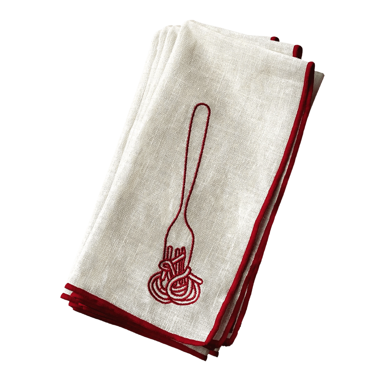 Stitch Border Napkin Set of 4 - Spaghetti fork twirling pasta illustration white with red group