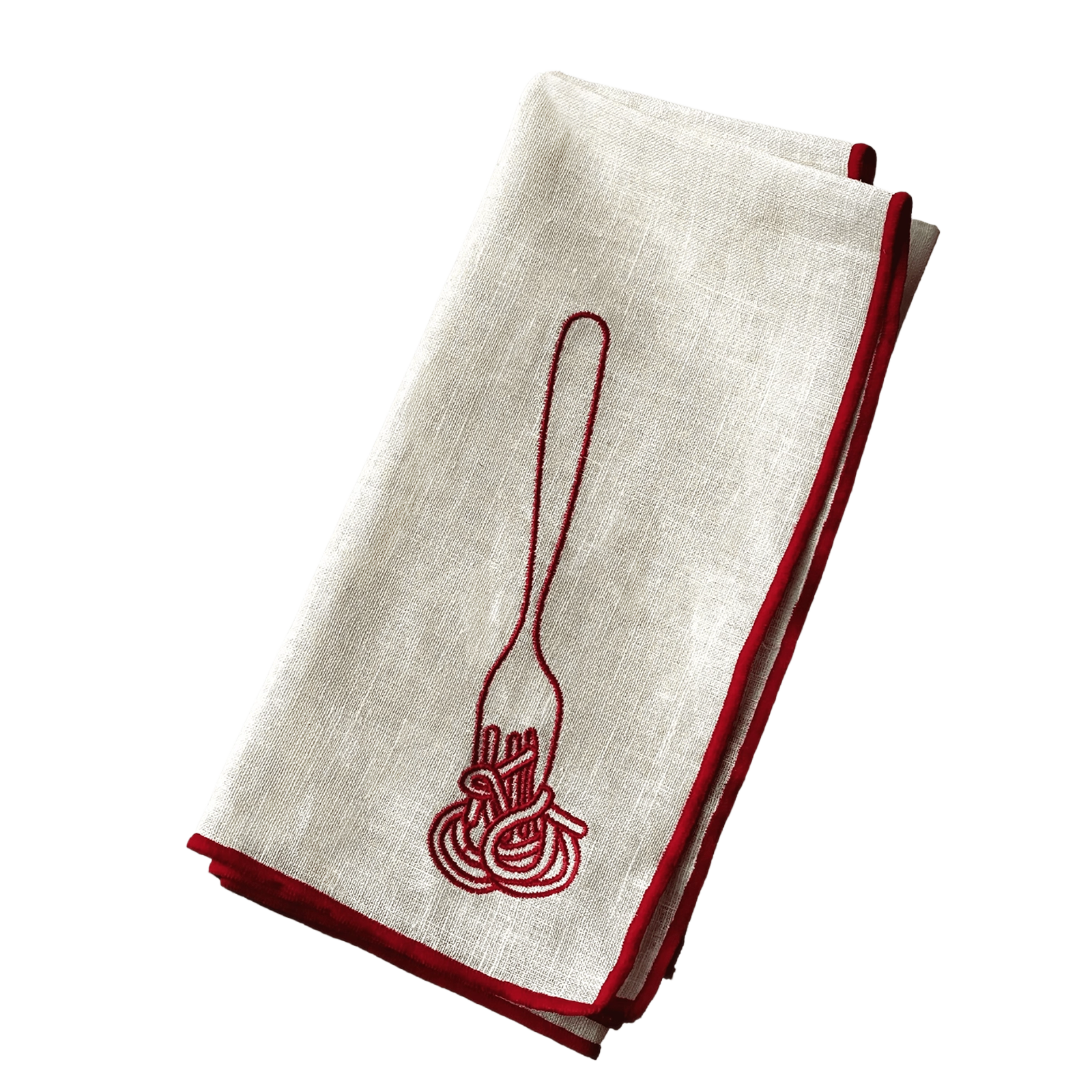 Stitch Border Napkin Set of 4 - Spaghetti fork twirling pasta illustration white with red