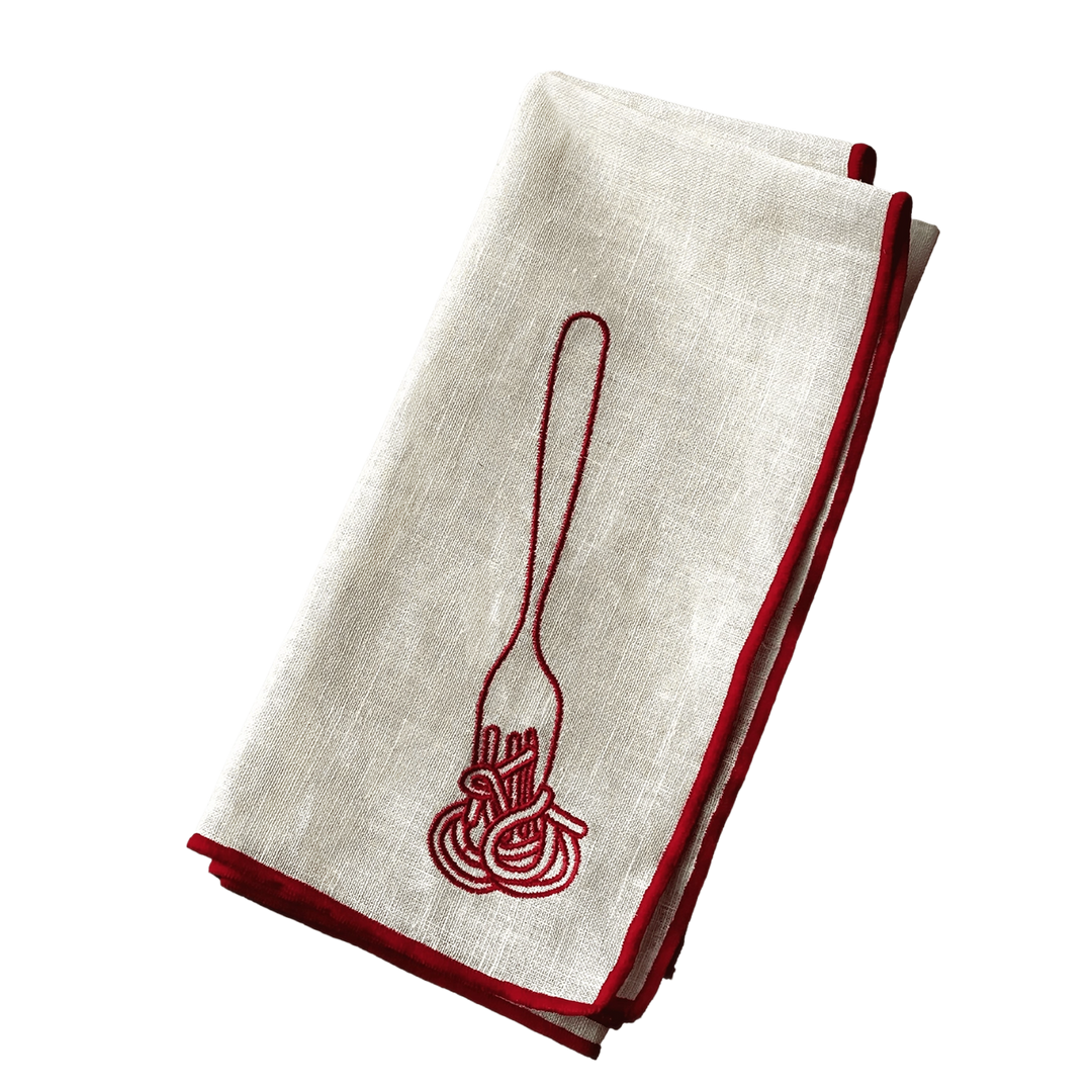 Stitch Border Napkin Set of 4 - Spaghetti fork twirling pasta illustration white with red