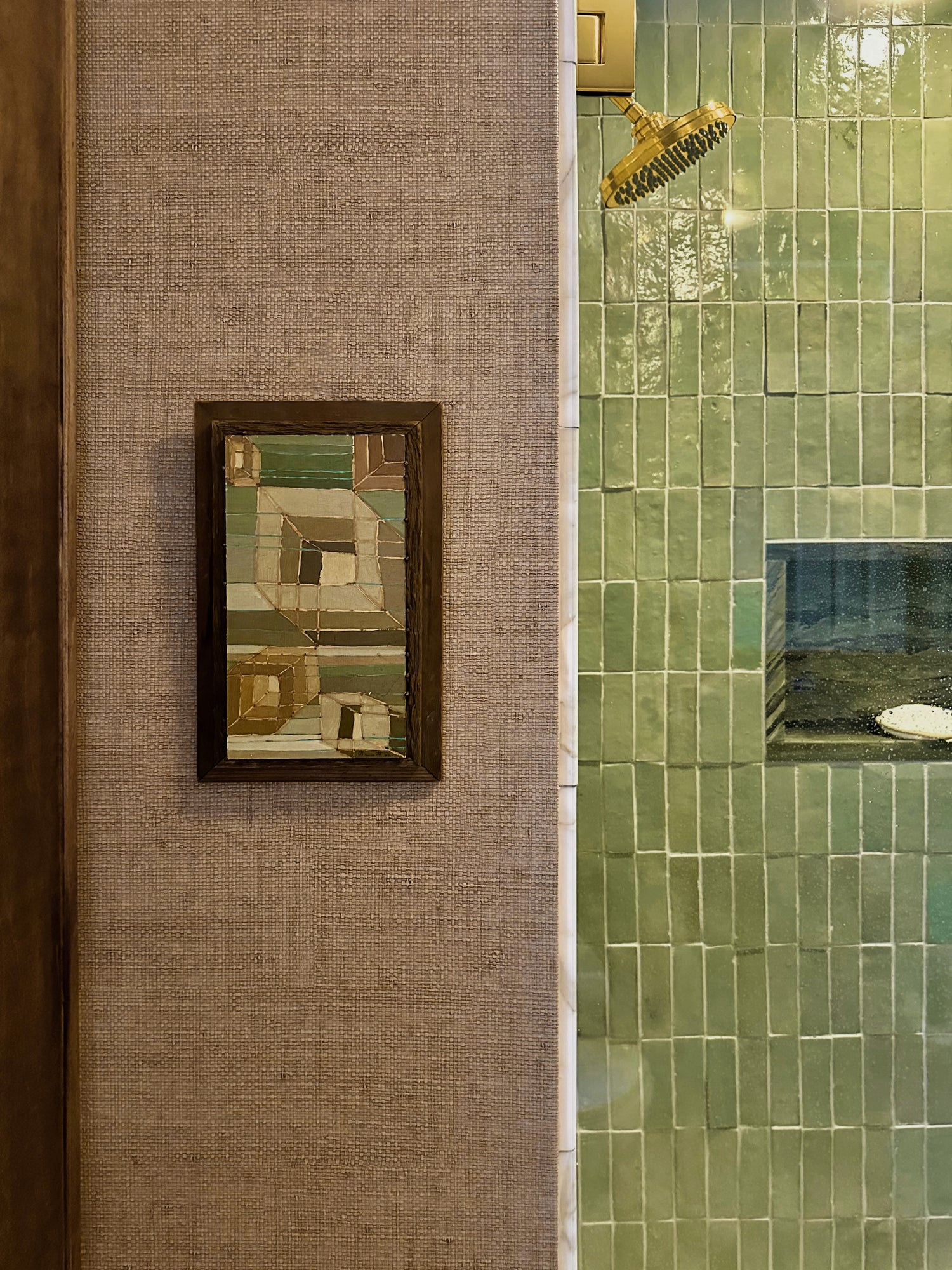 Trobiano Studios Thatcher bathroom shower sage green zellige tile waterworks plumbing
