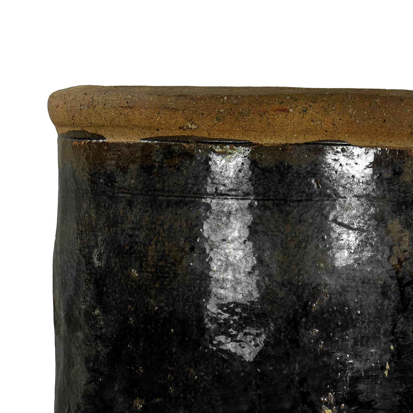 Vintage Black Glazed Pot rustic texture rolled top