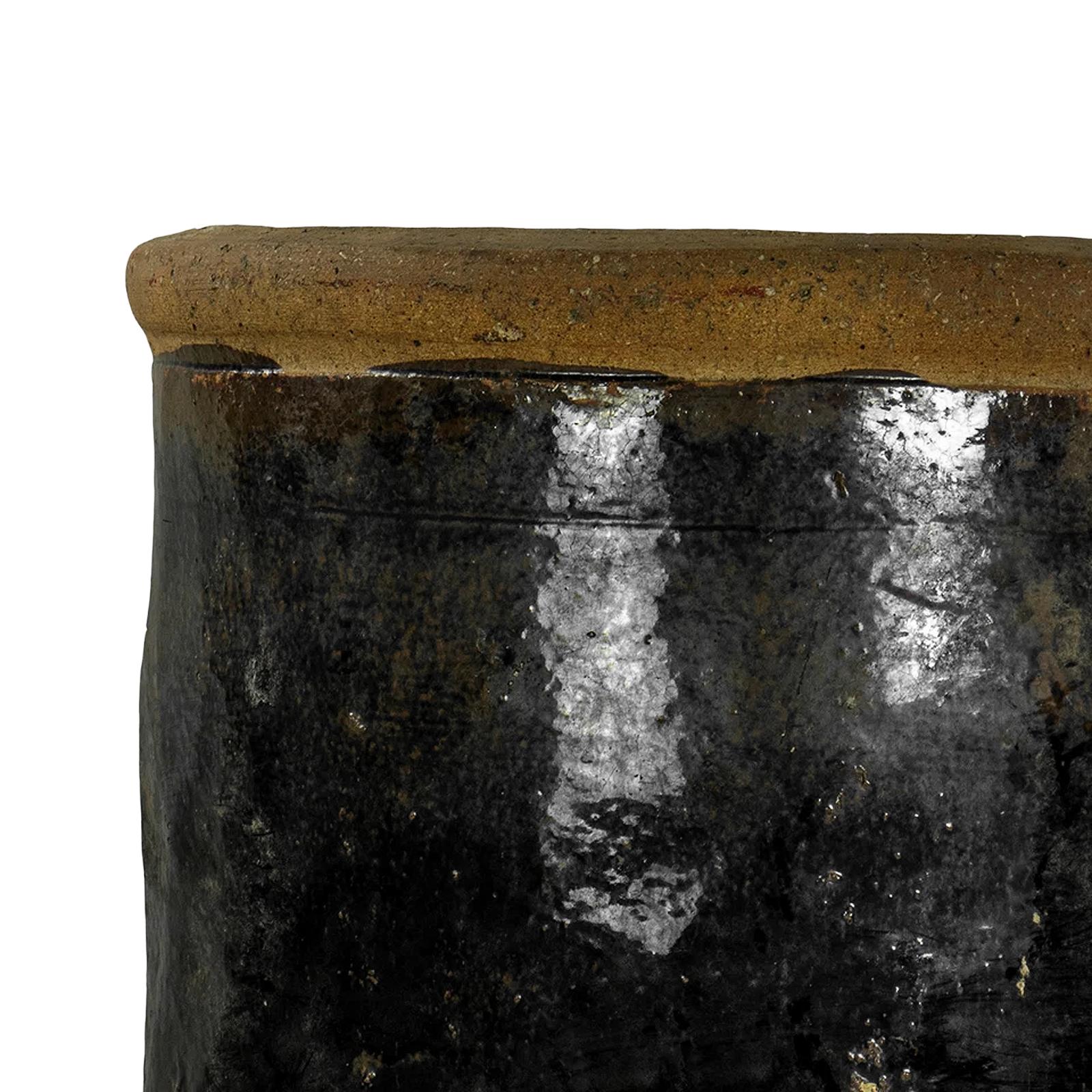 Vintage Black Glazed Pot rustic texture rolled top